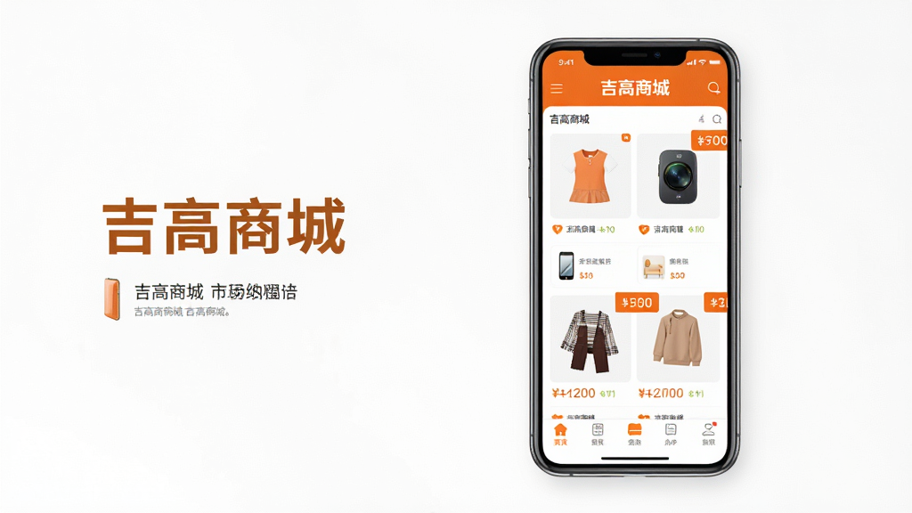 主体:一部亮着屏幕的智能手机,屏幕上显示“吉高商城”APP的首页界面,包含商品图片、价格标签和“吉高商城”字样。布局:手机位于画面中央偏右,左侧留白放置商品图与文字介绍,排版简洁清晰。风格:现代扁平化风格,色彩明亮,以橙色和白色为主色调。细节:屏幕中展示服饰、数码、家居等分类图标,底部有导航栏,画质高清,干净无多余元素。