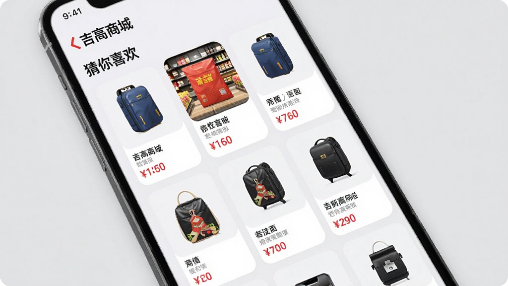 主体:手机屏幕上展示“吉高商城”的“猜你喜欢”推荐板块,展示多款商品卡片。布局:商品以网格形式排列,每张卡片包含商品图、名称和价格,界面清爽。风格:界面设计现代,采用圆角卡片设计,背景为浅灰色。细节:商品图片清晰,价格用红色标注,整体画质干净,无多余元素。