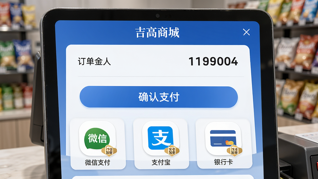 主体:“吉高商城”收银台界面,显示支付方式选择。布局:屏幕上方显示订单金额,下方排列微信支付、支付宝、银行卡等图标,中间有“确认支付”按钮。风格:界面简洁商务,蓝色为主色调,突出安全可信赖感。细节:支付图标清晰,有“安全加密”标识,画质高清,无多余元素。