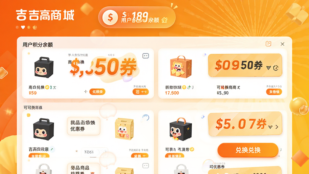 主体:“吉高商城”积分商城页面。布局:页面顶部显示用户积分余额,下方以列表形式展示可兑换的商品或优惠券。风格:界面活泼,采用橙色与黄色渐变,突出优惠氛围。细节:积分数字加大加粗,兑换按钮醒目,画质干净。