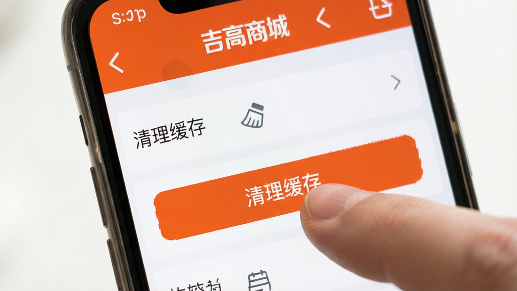 主体:一部手机屏幕显示“吉高商城”的设置界面,包含“清理缓存”选项。布局:手机居中,屏幕内容特写,背景简洁。风格:写实风格,光线明亮,界面清晰。细节:手指点击“清理缓存”按钮,画质高清,干净无多余元素。