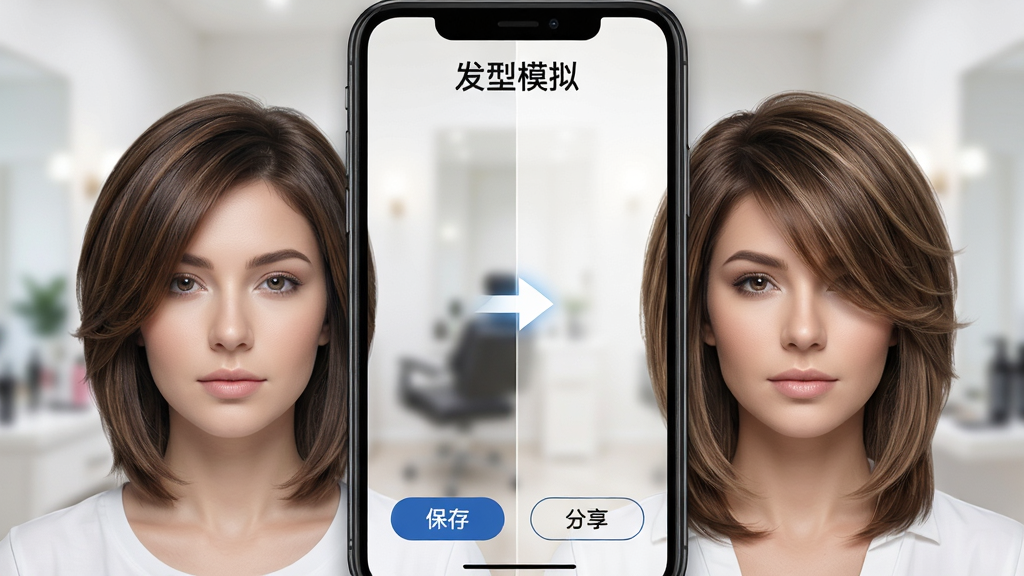 主体:手机屏幕显示“简艺美发”的智能发型模拟功能,左侧为原始人像,右侧为更换发型后的效果。布局:左右对比,中间有箭头指示。排版:界面顶部有“发型模拟”标题,底部有“保存”“分享”按钮。风格:简洁、科技感。细节:人像面部清晰,发型层次分明,发色自然。画质:高清晰度,背景虚化,干净无杂物。