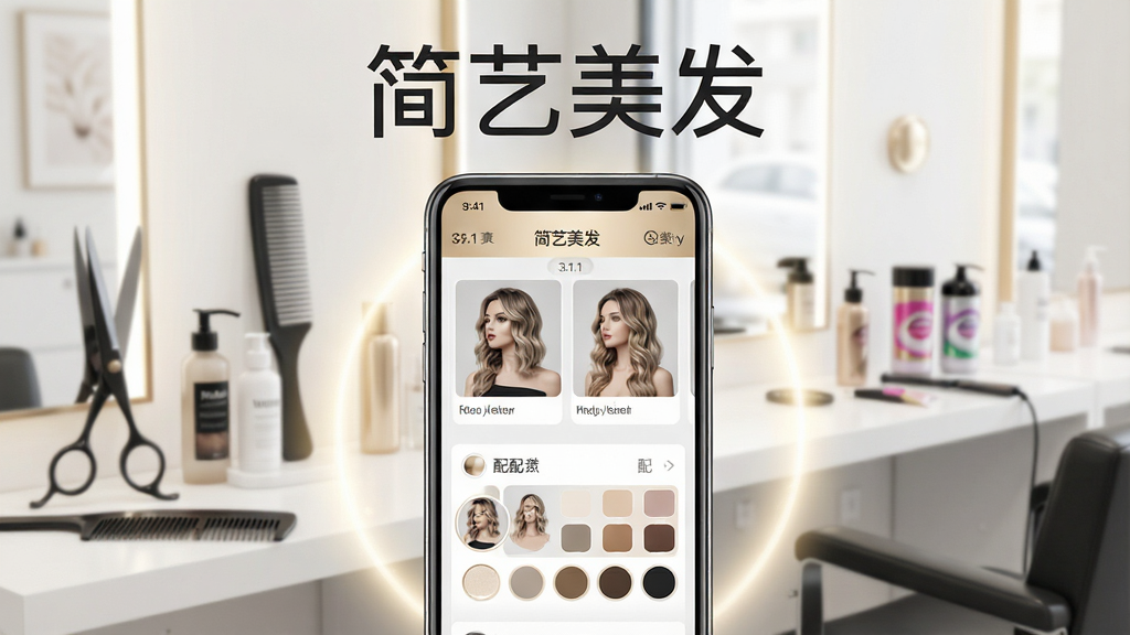 主体:手机屏幕展示“简艺美发”应用界面,背景为简约美发沙龙场景,包含剪刀、梳子、染发膏等元素。布局:手机居中,界面清晰显示发型库与配色盘,周围有柔和光效。排版:文字“简艺美发”置于手机上方,字体为现代无衬线体。风格:清新、专业、时尚。细节:应用界面中可见“3.1.1”版本号,配色以浅灰、米白、香槟金为主。画质:高清渲染,干净无多余元素。