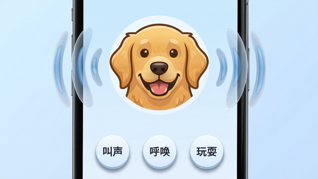 画面主体为一部智能手机屏幕特写,屏幕上显示一只卡通金毛犬头像,周围有音波扩散的动态线条,下方有几个圆形的按钮图标,分别标注“叫声”、“呼唤”、“玩耍”。布局为屏幕居中,背景为浅蓝色渐变,风格简约现代,细节包括音波线条的半透明质感,按钮有轻微立体阴影,画质清晰干净,无多余元素。