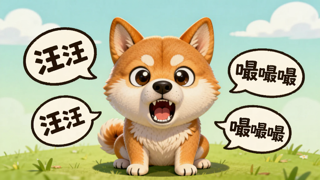 画面主体为一只卡通柴犬,正面蹲坐,耳朵竖起,眼睛圆润有神,嘴巴微张作吠叫状,身边环绕着几个对话气泡,气泡内写着“汪汪”、“嘬嘬嘬”等拟声词。布局为手机屏幕居中展示,背景是柔和的浅绿色草地和几朵白云,整体风格清新可爱,色彩明亮,细节包括狗狗毛发根根分明,地面有细微阴影,画质高清干净,无多余元素。