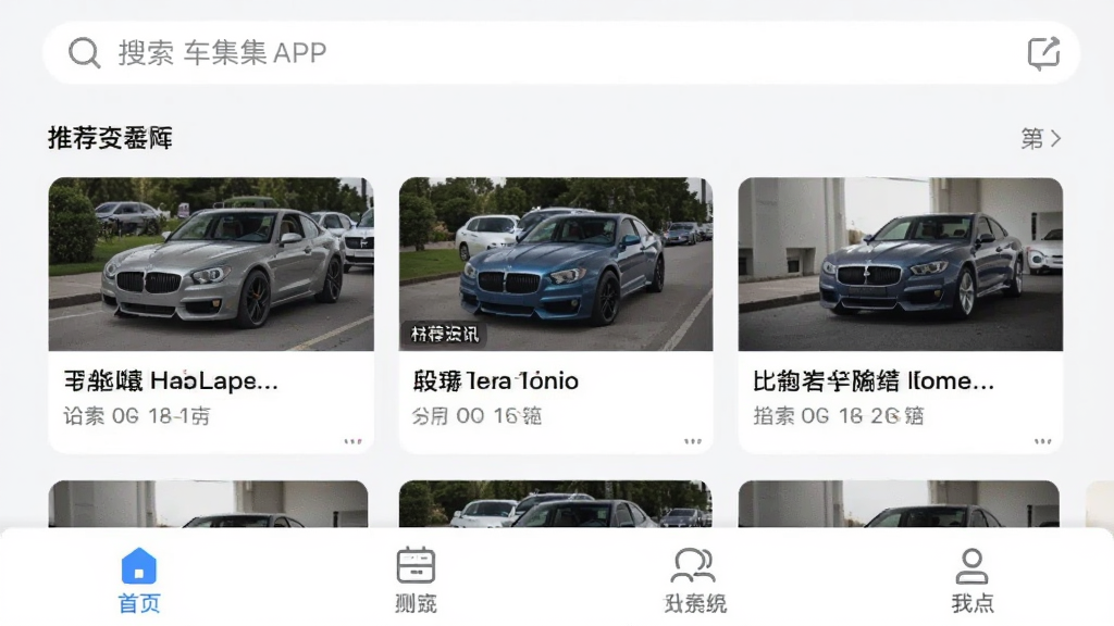 一张展示车集集APP主界面截图的图片,界面顶部有搜索栏,中间为推荐资讯卡片流,包含汽车图片和标题文字,底部有四个导航标签,整体风格简洁现代,浅色背景,干净无多余元素,画质清晰