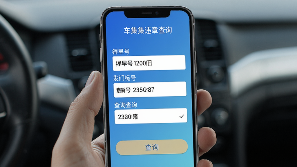 一张展示车集集违章查询功能界面的图片,手机屏幕上显示输入车牌号、发动机号等表单,下方有查询按钮,背景为蓝色渐变,界面简洁,文字清晰,画质干净