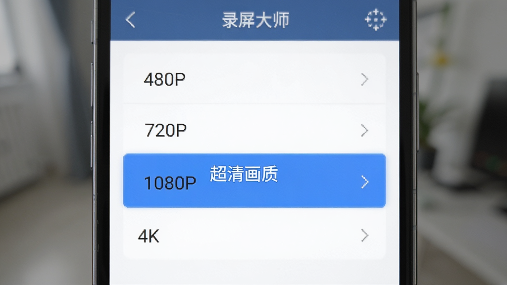 展示录屏大师App不同画质设置选项的界面截图,手机屏幕上有分辨率选择列表,包括480P、720P、1080P和4K选项,高亮显示4K,背景虚化,布局规整,风格简洁明了,细节突出文字“超清画质”,画质干净,无多余元素