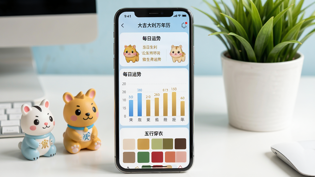 画面主体为手机屏幕展示“大吉大利万年历”APP的“每日运势”页面,顶部为当日生肖运势概览,中间以柱状图展示各生肖运势指数,底部为“五行穿衣”推荐色块。页面主色调为浅蓝色与白色,搭配金色点缀,整体风格清新雅致。手机旁摆放着生肖玩偶与绿植,背景为干净的书桌,画质细腻,无多余元素。