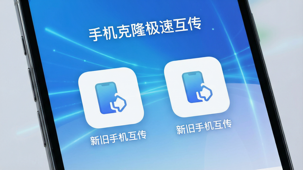 一张智能手机屏幕显示“手机克隆极速互传”主界面,界面中央有两个醒目的大图标,分别标注“新旧手机互传”,背景是渐变蓝色科技感光线,画面干净整洁,突出软件名称与核心功能,整体风格现代简约,画质清晰,无多余元素