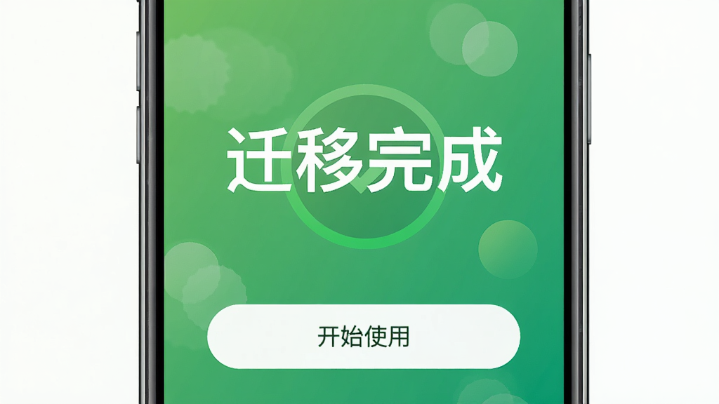 手机克隆极速互传传输完成后的成功界面,画面中央显示“迁移完成”四个大字,下方有“开始使用”按钮,背景为绿色渐变,整体风格清新,画质干净