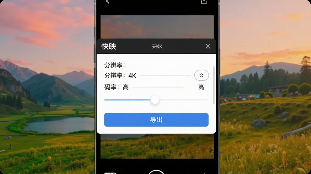 画面主体为「快映」视频编辑界面的导出设置弹窗,背景是手机竖屏上播放的4K样片,画面中色彩鲜艳的风景视频占据大部分屏幕,弹窗上有「分辨率:4K」「码率:高」「导出」等选项,布局以弹窗为中心,风格为现代UI设计,细节包括清晰的视频画面和滑块控件,画质锐利干净,无多余元素。