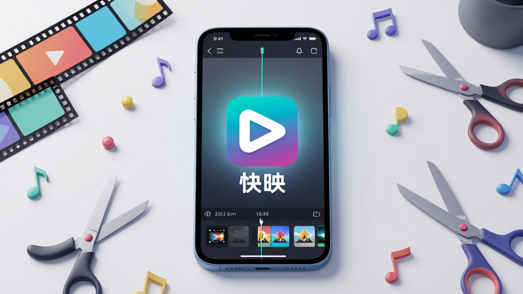 画面主体为一部智能手机平放在桌面,屏幕正中间显示「快映」APP的图标与名称,图标采用蓝紫渐变背景配白色播放按钮,手机周围散落着几段彩色视频胶片和剪刀、音乐符号等剪辑元素,布局以手机为中心向四周自然延展。排版采用居中构图,手机屏幕亮起柔和光线,背景为干净的浅灰色工作台,营造专业创作氛围。风格为现代扁平插画结合轻微3D质感,细节包括屏幕内的时间轴轨道和滤镜缩略图,画质高清干净,无多余元素。