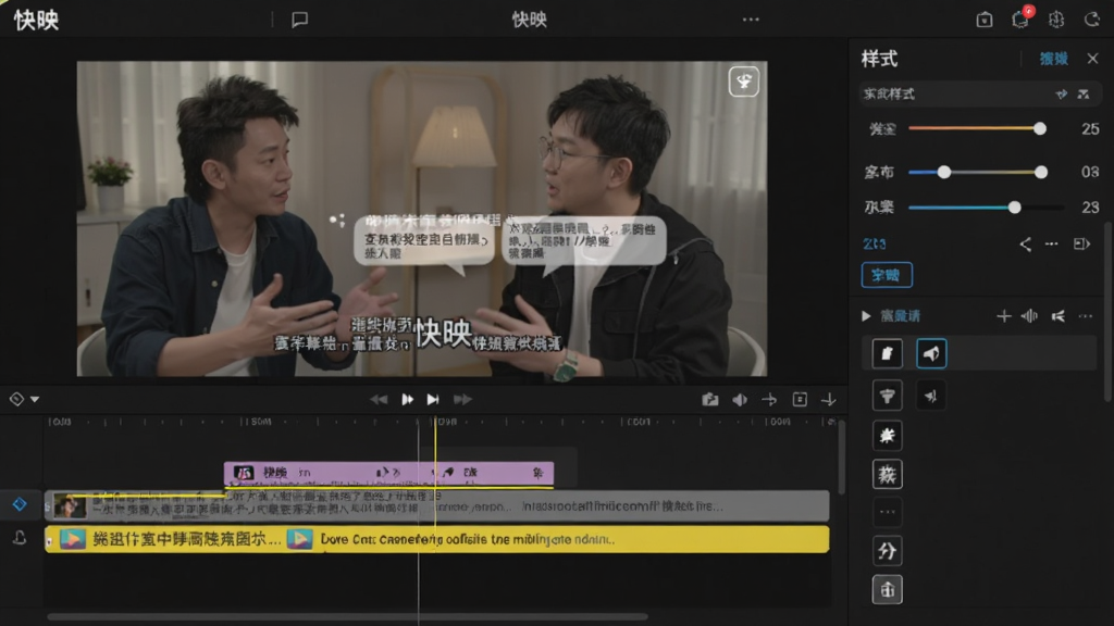 画面主体为「快映」的字幕编辑界面,背景为一段谈话类视频画面,视频下方有带黄色高亮的字幕轨道,右侧是字幕样式调节面板,布局为上下结构,风格为写实的UI界面,细节包括文字气泡和字体选择列表,画质干净无杂物。