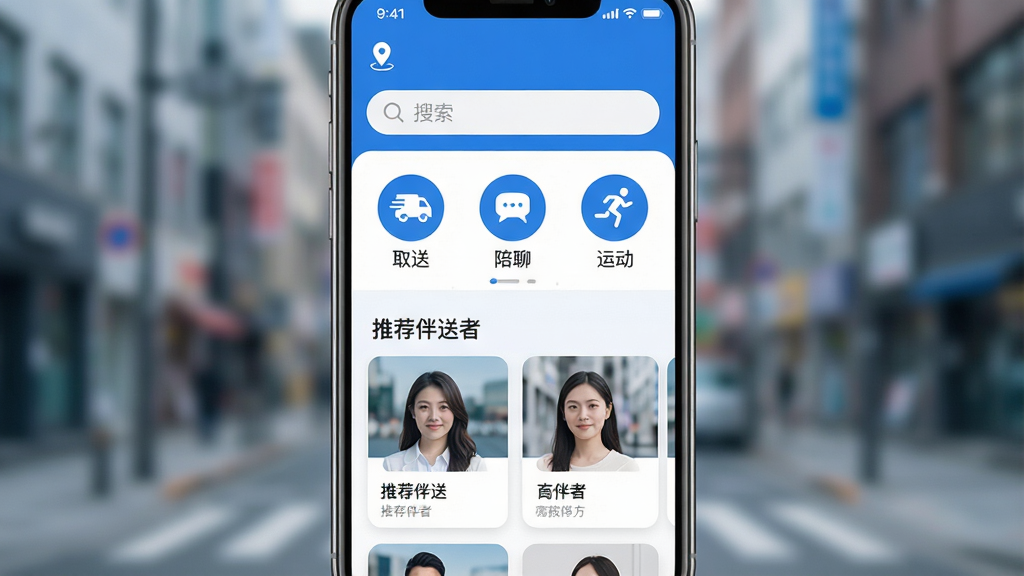 一张智能手机屏幕展示伴送App主界面,界面风格清新简约,顶部有定位与搜索栏,中间是服务分类图标如“取送”、“陪聊”、“运动”等,下方是推荐伴送者卡片列表,人物头像清晰,背景为模糊的城市街景,整体色调以蓝白为主,画面干净明亮,画质高清,无多余元素