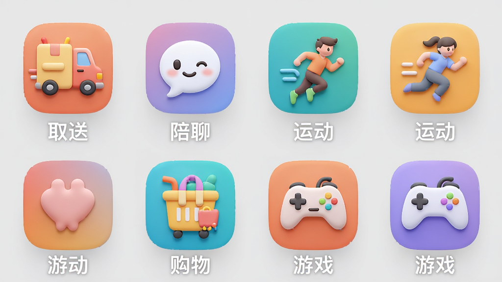 一张横向排列的图标墙展示伴送App的多元服务场景,包含“取送”、“陪聊”、“运动”、“购物”、“游戏”等彩色图标,每个图标下方有简洁的白色文字标签,背景为浅灰色,整体风格简洁现代,图标圆润可爱,画质干净,无多余元素