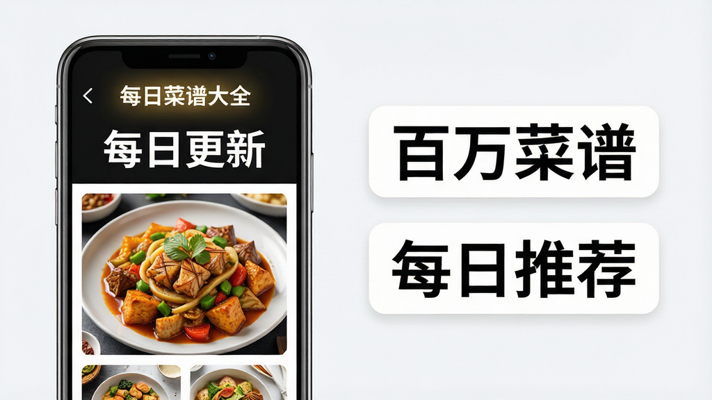 主体:每日菜谱大全特色功能展示,屏幕显示“每日更新”和丰富菜式。布局:左侧手机界面,右侧文字标签“百万菜谱”、“每日推荐”。排版:图文结合,主次分明。风格:清爽简约,食物摄影风格。细节:菜品特写,色泽诱人,界面高光显示“每日菜谱大全”。画质:高清,干净,无多余元素。