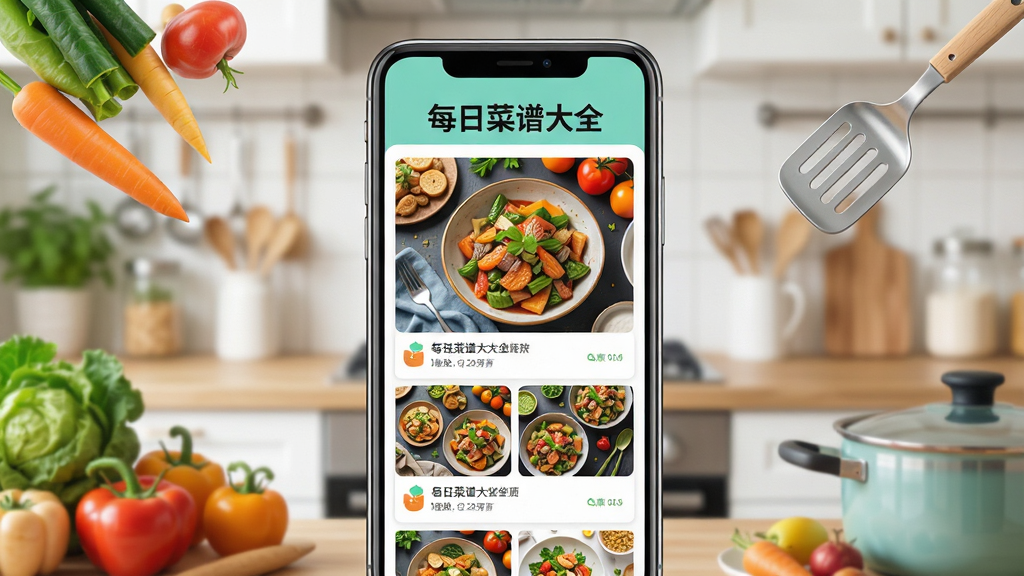 主体:每日菜谱大全软件界面展示,手机屏幕中显示丰富菜谱列表和精美菜品图片。布局:手机居中,屏幕内容清晰可见,周围点缀蔬菜、锅铲等厨房元素。排版:界面UI整洁,列表式布局,突出“每日菜谱大全”字样。风格:现代扁平化,色彩鲜艳明亮,食物摄影风格。细节:菜品图片诱人,文字清晰,厨房背景虚化。画质:高清,干净,无多余元素。