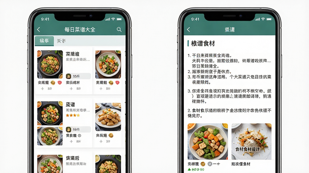主体:每日菜谱大全软件界面截图展示,包含菜谱列表和详情页。布局:两张手机屏幕并排展示,左侧为列表页,右侧为详情页。排版:清晰展示软件界面设计。风格:真实截图风格,界面清晰。细节:列表页显示菜品名称和图片,详情页显示步骤和食材。画质:高清,干净,无多余元素。