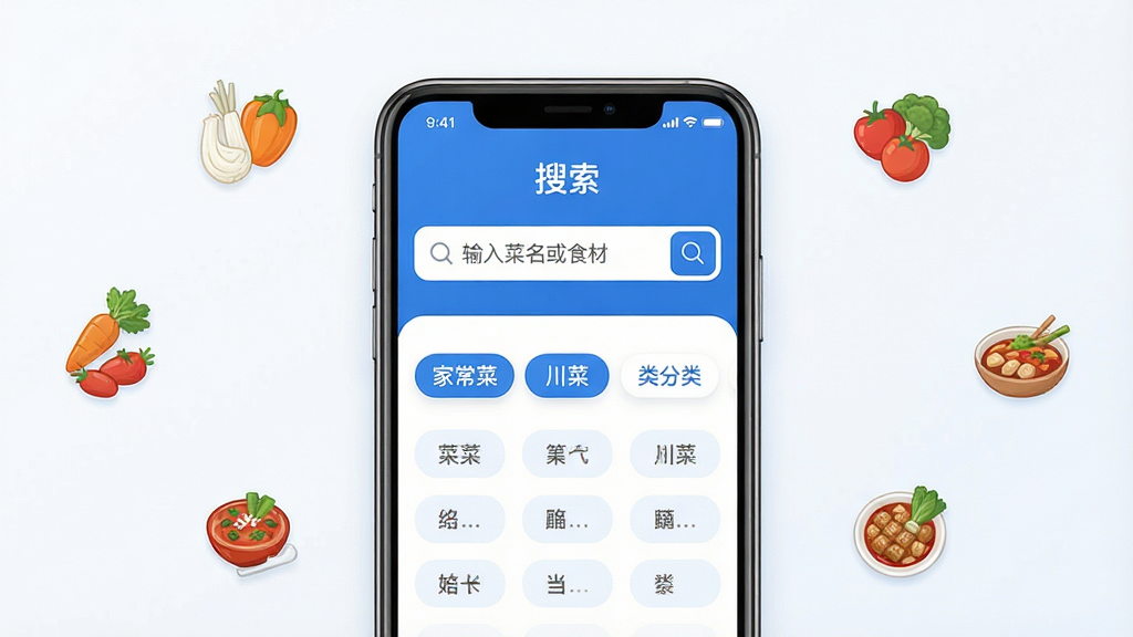 主体:每日菜谱大全智能搜索功能,手机屏幕显示搜索框和分类标签。布局:手机居中,屏幕展示“搜索”界面,周围有食材图标。排版:界面简洁,搜索框醒目,分类标签横向排列。风格:现代简约,蓝白主色调。细节:搜索框内文字“输入菜名或食材”,分类标签如“家常菜”、“川菜”等。画质:高清,干净,无多余元素。