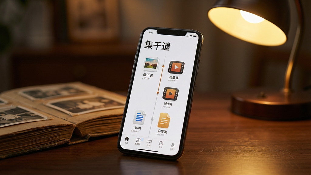 图片主体为一部智能手机屏幕特写,屏幕上显示名为“集千遗”的应用主界面,界面布局清晰,以时间轴形式展示照片、视频、文档等各类数字遗产分类图标。手机斜放在一张深色木纹桌面上,旁边摆放着一本旧相册和一盏散发暖黄色光线的台灯。背景虚化,营造出温馨怀旧的氛围。整体排版采用居中构图,手机屏幕内容为视觉焦点。风格为写实摄影风格,细节丰富,画质高清,干净无多余元素。屏幕界面中的文字需清晰可辨,显示“集千遗”字样。
