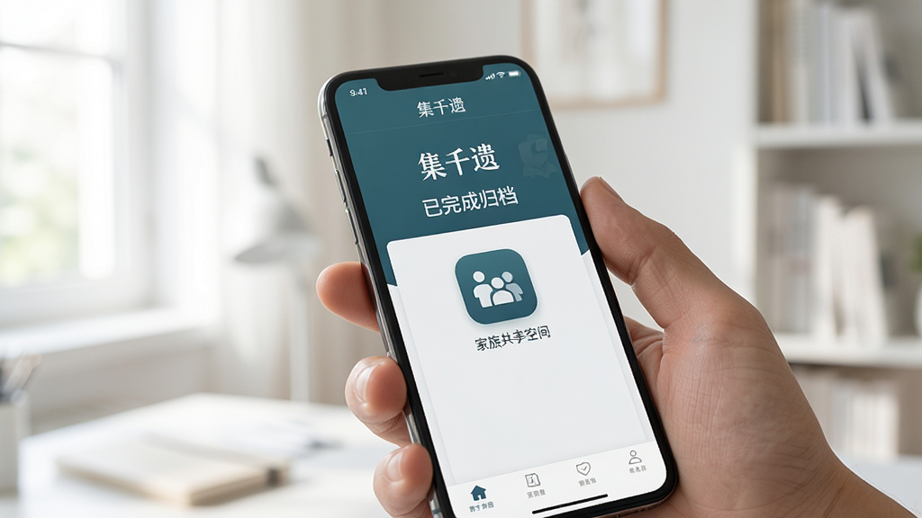 图片展示“集千遗”应用在手机上的实际运行场景。主体为一部手机握在用户手中,屏幕显示“集千遗”的归档完成界面,界面上有“已完成归档”字样和家族共享空间的入口图标。背景是简洁明亮的书房环境,窗户光线柔和。布局采用手持设备的低角度拍摄视角,突出软件界面的清晰度。风格为实拍风格,细节真实,画质高清,干净无多余元素。屏幕内文字需清晰显示“集千遗”。