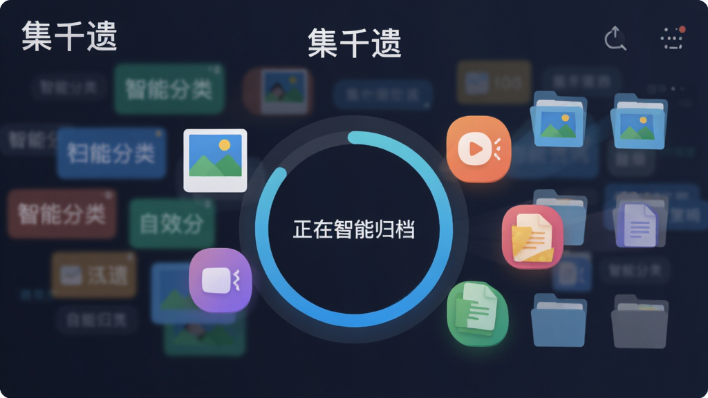 图片展示“集千遗”应用的数字资产自动归档功能。画面主体为应用内的归档进度界面,中央是一个圆形进度环,显示“正在智能归档”字样,周围悬浮着代表照片、视频、文档的彩色图标,正有序地飞入对应的分类文件夹中。界面背景是模糊的智能分类标签云。整体布局为UI界面截图风格,扁平化设计,色彩明快,强调高效与智能。画质清晰,细节干净,突出“集千遗”软件名称。