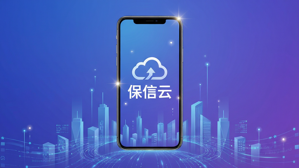 画面主体为一部现代智能手机悬浮于半空中,屏幕正面清晰显示“保信云”三个大字及简约的云朵图标,手机下方是抽象化的城市建筑与数据流线条交织,背景采用渐变蓝紫色调,整体布局中心对称,排版干净利落,风格偏向科技感与商务感,细节之处有微光点缀,画质高清,干净无多余元素。
