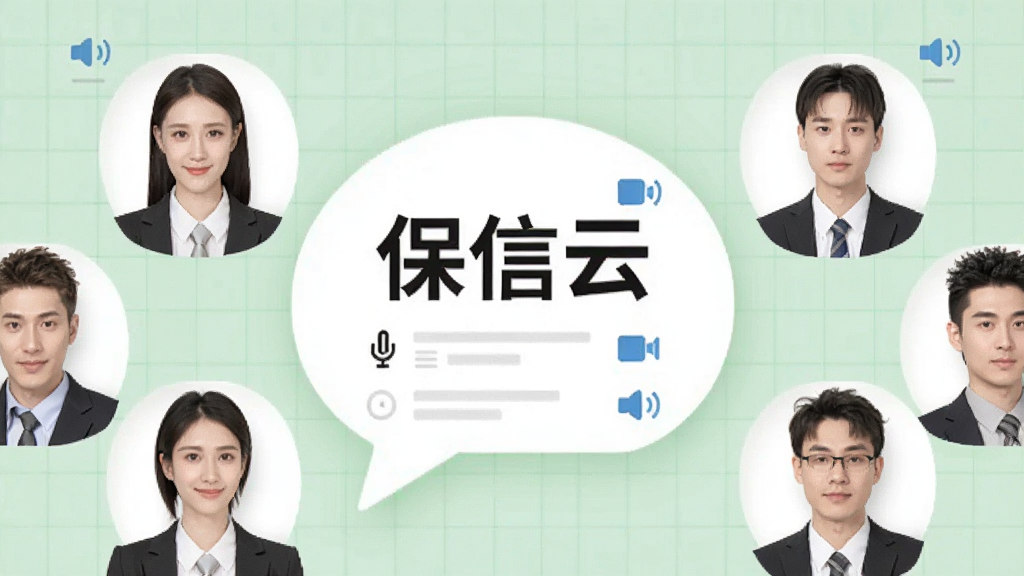 画面主体为多名职场人物头像围绕一个对话气泡,气泡内显示“保信云”字样和消息列表,背景为淡绿色网格,风格现代简约,布局协调,排版清晰,细节有音频与视频小图标点缀,画质干净无多余元素。