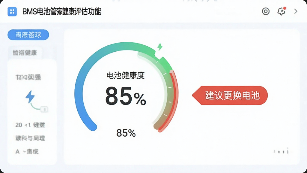 BMS电池管家健康评估功能界面,显示电池健康度85%的圆形仪表盘,旁边有“建议更换电池”的提示标签,界面简洁,配色清新,排版合理,画质干净