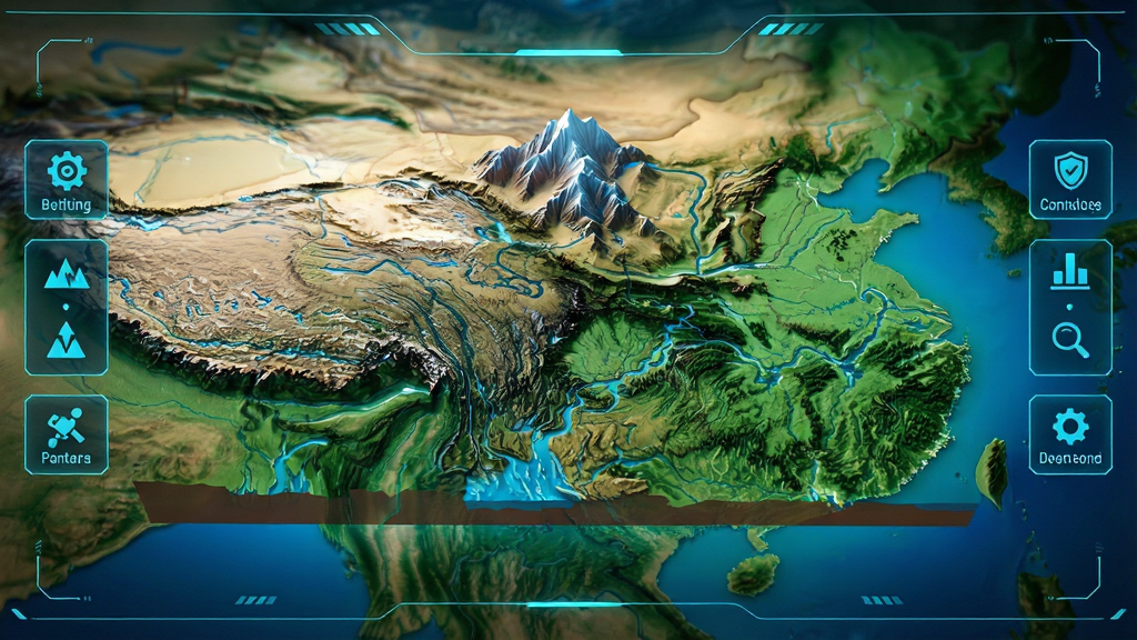 三维山河全景地图主界面展示,中央显示立体山脉与河流的逼真三维模型,周围环绕简洁的功能按钮,整体风格科技感十足,界面布局清晰,色彩明亮,画质高清,干净无多余元素。