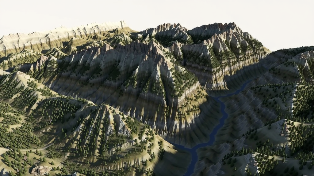三维山河全景地图三维地形渲染效果图,画面展示陡峭山峰与深邃峡谷的立体细节,阳光从侧面照射产生明显阴影,植被与岩石纹理清晰,画质细腻,干净无多余元素。