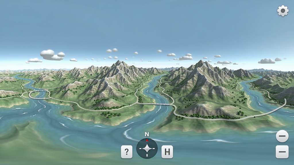 三维山河全景地图全景漫游模式界面,画面显示360度环形视野,用户可拖拽旋转视角,界面底部有方向指示与缩放控件,风格简约现代,画质清晰,干净无多余元素。