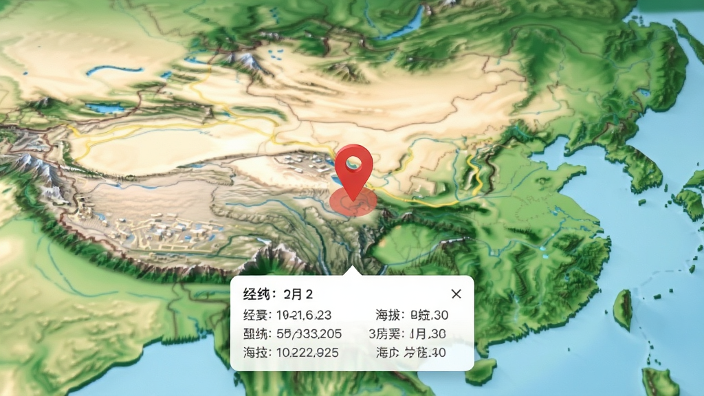 三维山河全景地图坐标查询功能展示,地图上有一个红色标记点,下方弹出信息框显示经纬度与海拔数据,界面风格清爽,数据清晰,画质高清,干净无多余元素。