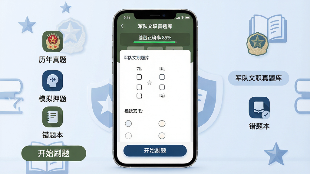 主体:军队文职真题库软件界面展示,一部手机屏幕显示题库列表与答题页面,背景为淡蓝色调,配有军徽与书本图标。布局:手机居中,左右两侧分布着“历年真题”“模拟押题”“错题本”等功能图标,下方有“开始刷题”按钮。排版:简洁清晰,信息层级分明,突出软件名称“军队文职真题库”。风格:现代扁平化设计,色彩以军绿、深蓝和白色为主,细节处添加五角星与盾牌元素。细节:屏幕内展示一道选择题及选项,顶部显示“答题正确率 85%”,整体画面干净无杂乱元素。画质:高清渲染,光线柔和,无多余元素。