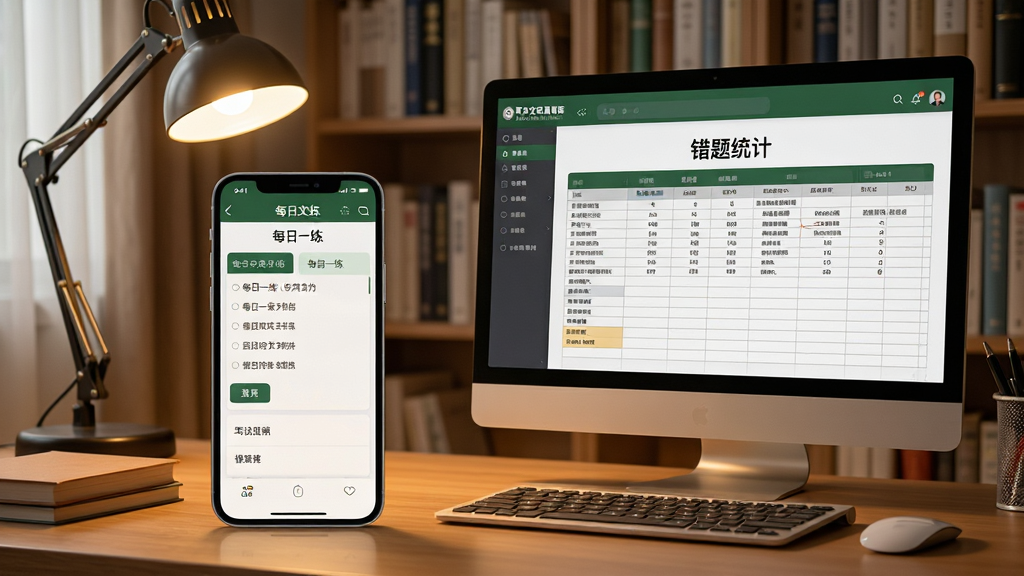 主体:手机与电脑并排显示军队文职真题库界面,背景为书房场景,有台灯和书籍。布局:左侧手机屏幕显示刷题界面,右侧电脑屏幕显示错题导出表格。排版:对比明显,突出跨设备使用便利。风格:写实摄影风格,光线温暖,细节丰富。细节:手机屏幕上显示“每日一练”,电脑屏幕上显示“错题统计”,整体画面整洁有序。画质:高清,无多余元素。