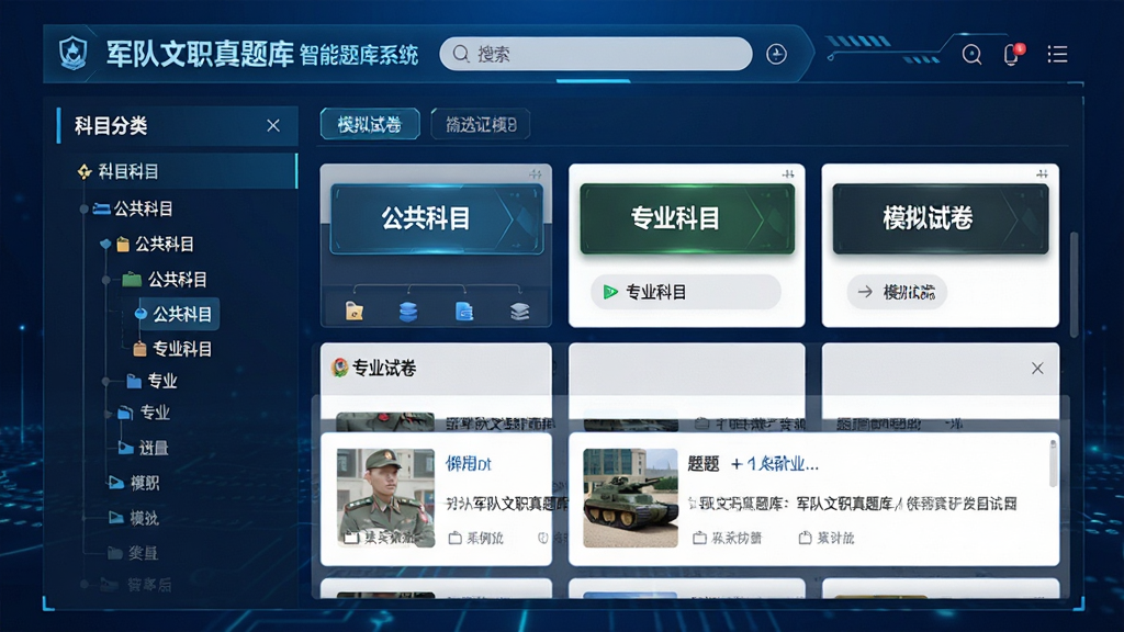 主体:军队文职真题库“智能题库系统”界面,屏幕上显示分类树状图与题目列表,背景为深蓝色科技感渐变。布局:左侧为科目分类栏,右侧为题目卡片,顶部设有搜索框与筛选标签。排版:信息排列有序,字体清晰,重点科目用高亮色标记。风格:科技感与军事风结合,使用线条与几何图形装饰。细节:屏幕中显示“公共科目”“专业科目”“模拟试卷”三个模块,并有一道例题展示,整体画面专业且干净。画质:高分辨率,无多余元素。