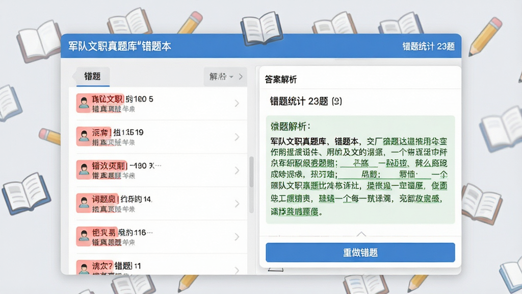 主体:军队文职真题库“错题本”界面,屏幕上展示错题列表与解析弹窗,背景为淡灰色,配有书本与铅笔图标。布局:左侧为错题列表,右侧为答案解析区域,下方有“重做错题”按钮。排版:简洁明了,错题以红色标记,解析用绿色字体显示。风格:清爽学习风,色彩以白色、灰色和蓝色为主。细节:屏幕中显示一道错题及详细解析,顶部有“错题统计 23题”,整体画面干净整洁。画质:清晰,无多余元素。