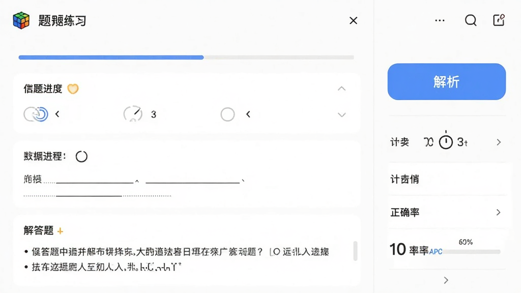 主体为“大招魔方”APP的题库练习界面,展示选择题、填空题、解答题,右侧有解析按钮。布局为列表式,排版清晰,风格简洁,细节有做题进度条、计时器、正确率统计,画质干净无多余元素。