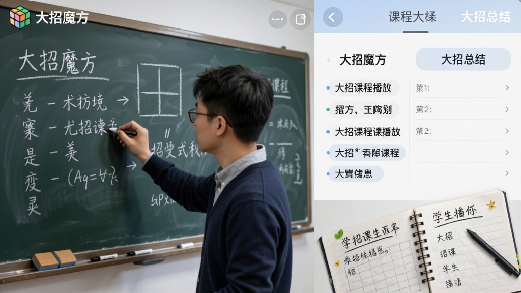 图片主体为“大招魔方”APP内名师课程播放界面,左侧是老师书写板书,右侧为课程大纲与“大招”总结。布局清晰,排版规整,风格写实,细节包含黑板、电子笔、学生笔记等元素,画质高清,干净无多余元素。