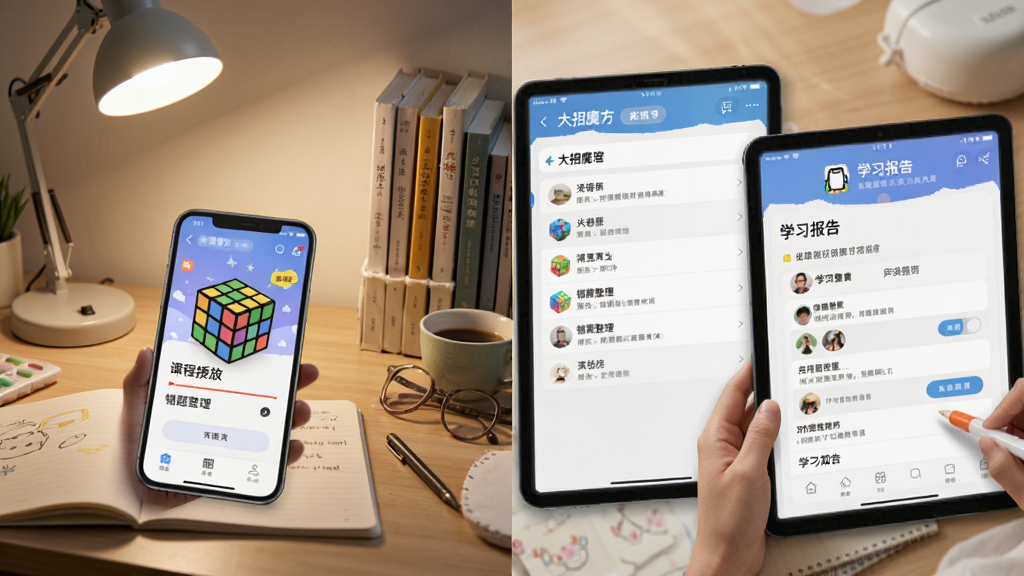 主体为“大招魔方”APP在手机与平板上的使用场景,展示课程播放、错题整理、学习报告等界面。布局采用多屏拼接,排版错落有致,风格写实,细节有学生书桌台灯、笔记本等,画质高清,干净无多余元素。