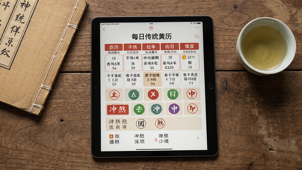 一张平板电脑平放在木桌上的俯视图,屏幕显示