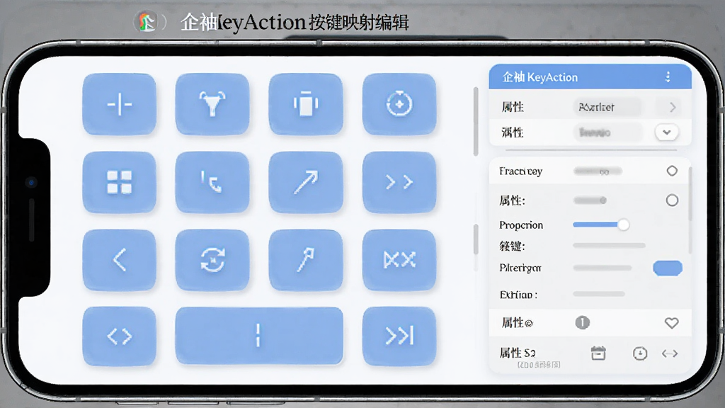 展示企袖KeyAction按键映射编辑界面的效果图,画面中央是一个手机屏幕模型,上面分布着多个半透明的蓝色虚拟按键图标,右侧是属性设置面板,整体风格清爽,细节丰富,画质干净,无多余元素