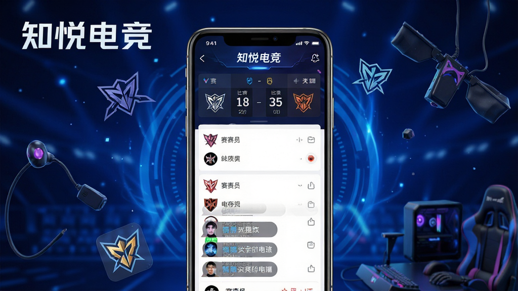 主体:知悦电竞APP界面展示,手机屏幕内呈现赛事列表与战队数据页面,背景为深蓝色电竞风格光效,布局:手机居中,屏幕内容清晰可见,周围有电竞元素点缀,排版:简洁大气,重点突出APP名称“知悦电竞”,风格:科技感与潮流感结合,细节:屏幕内显示比赛比分、战队LOGO、聊天弹幕,画质:高清渲染,干净,无多余元素