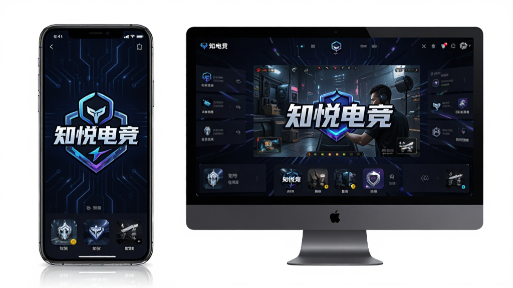 主体:手机与电脑并排显示知悦电竞应用界面,布局:左侧为手机,右侧为电脑屏幕,排版:对称构图,风格:科技感,细节:屏幕上有“知悦电竞”字样,画质:高清,干净,无多余元素