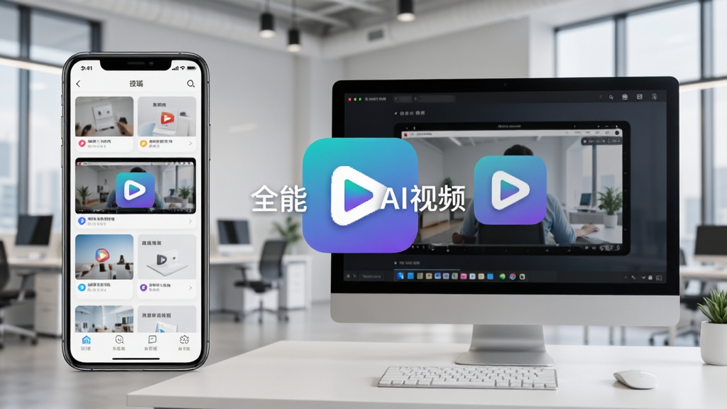 展示全能AI视频在不同设备上的使用场景,左侧为手机端界面,右侧为电脑端界面,中间有一个“全能AI视频”Logo,背景为现代办公环境,风格简洁,画质干净,无多余元素