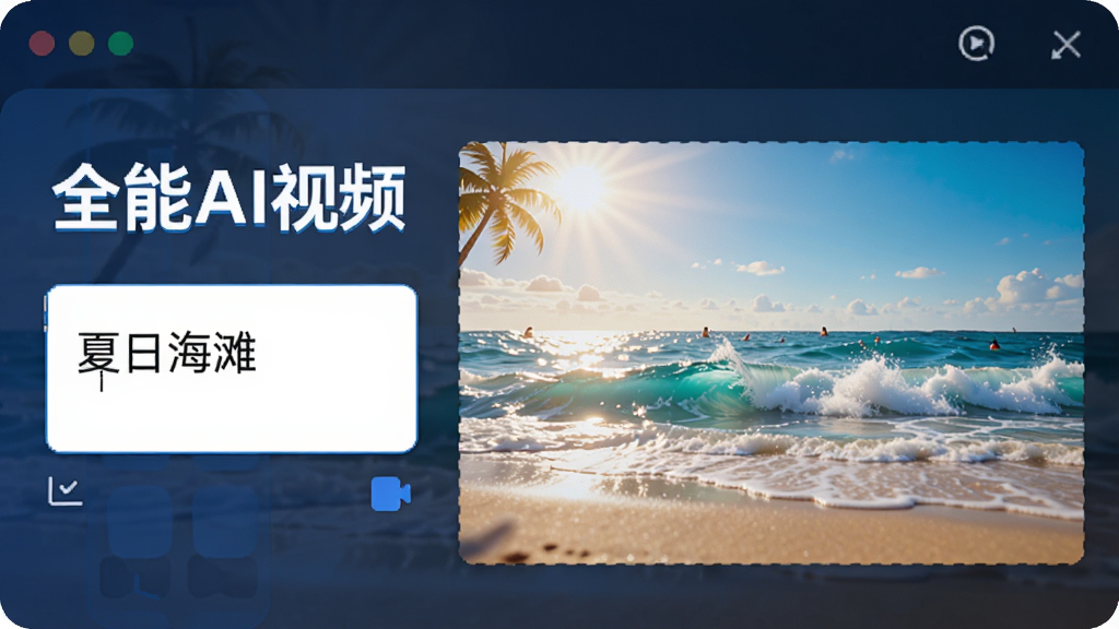展示全能AI视频的智能生成功能,界面中有一个输入框,输入“夏日海滩”后,右侧生成阳光沙滩海浪的动态视频画面,画面色彩鲜艳,风格写实,界面布局清晰,突出“全能AI视频”名称,画质干净,无多余元素