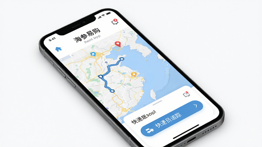 海参易购APP的物流追踪页面,显示地图轨迹和快递员信息,背景为白色简洁风格,图标清晰,界面友好,高清渲染,干净无多余元素
