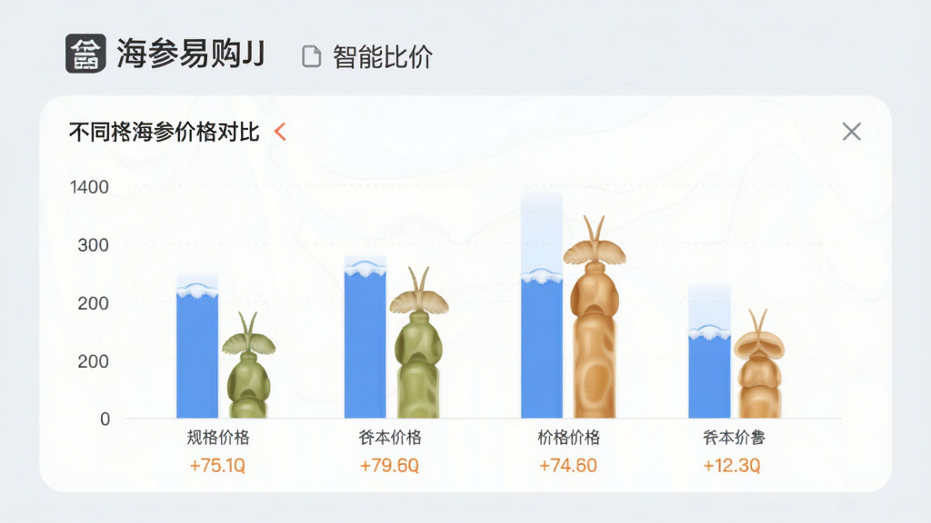 海参易购APP的智能比价功能界面,显示不同规格海参的价格对比柱状图,背景为浅灰色商务风格,数据清晰易读,界面专业,高清画质,干净无多余元素