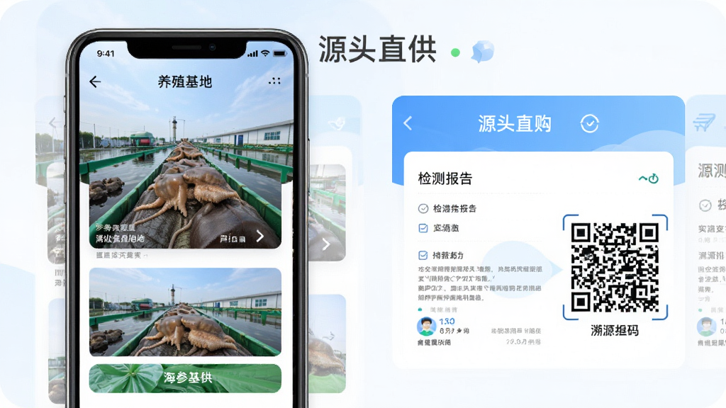 海参易购APP的源头直供页面,展示养殖基地实拍图、检测报告和溯源码,布局清晰,色调清爽,专业感强,画质高清,干净无多余元素